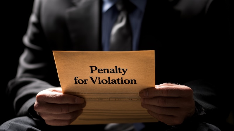 a lwayer holds a sheeet of paper stating a penalty for violation