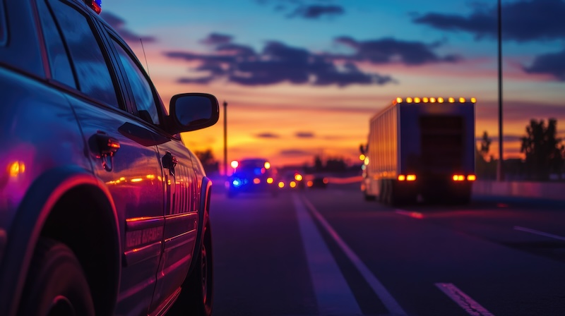 trucks on the highway at sundown